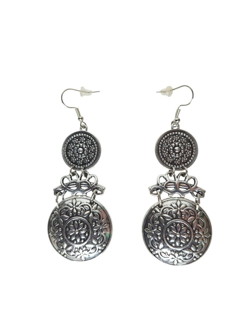 Silver Tone Medallion Drop Earrings Floral Etched Dangle Jewelry